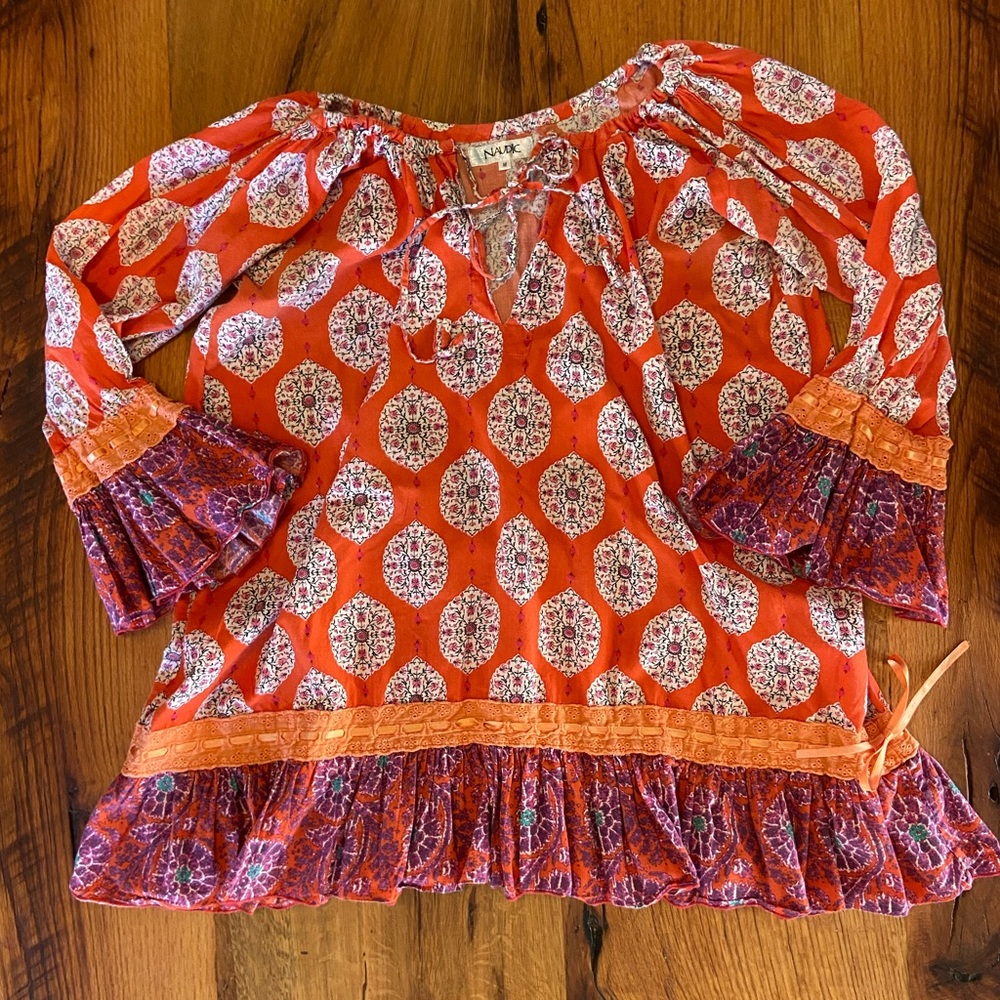 Naudic Cotton Boho Blouse in Orange & Ivory, Adorable Lace & Pleating, Sz Medium